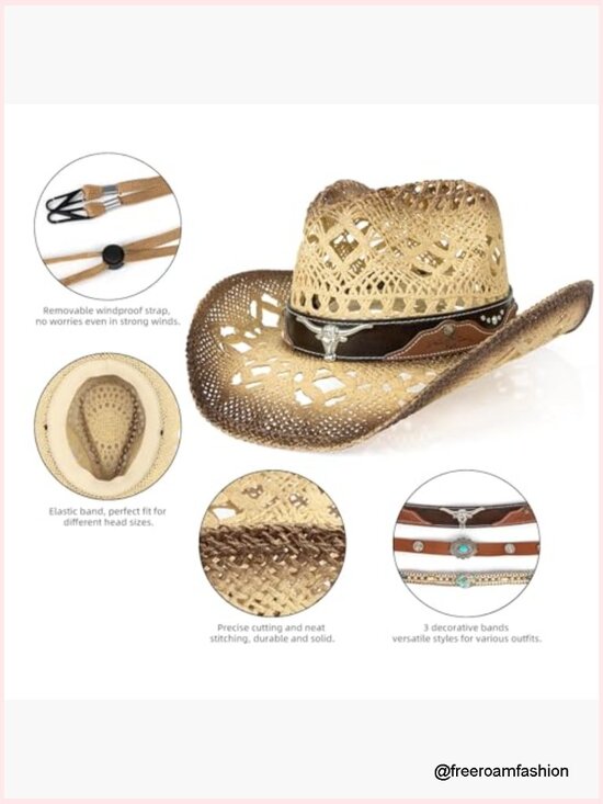 Straw Cowboy Hat with 3 Interchangeable Bands, One Size main image 4